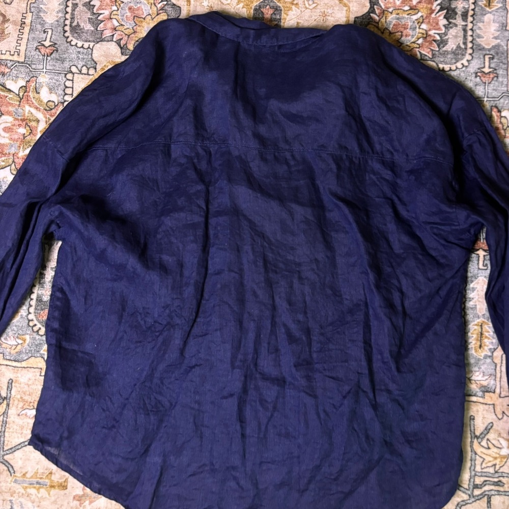 Rachel Zoe Navy Blue 100% Linen Button Down Shirt Womens Large Oversized Summer - Picture 4 of 10